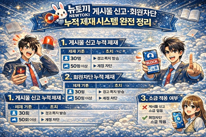 뉴토끼 게시물 신고 및 회원차단 누적 제재 시스템